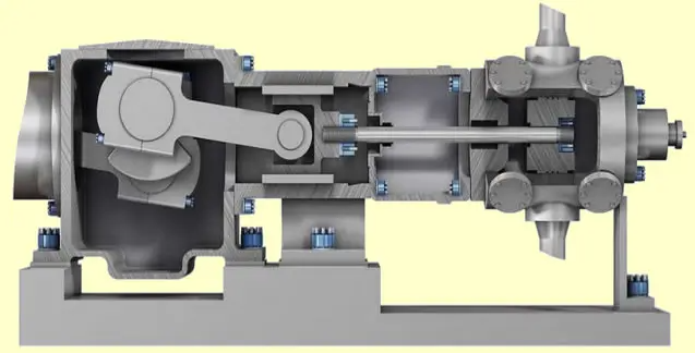 Reciprocating piston compressor in industrial setting